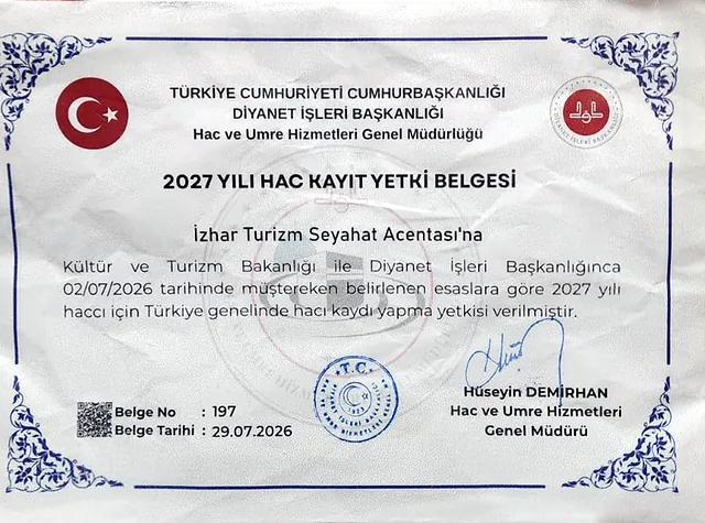 2027 Yılı Hac Kayıt Yetki Belgesi — T.C. Diyanet İşleri Başkanlığı, Hac ve Umre Hizmetleri Genel Müdürlüğü, belge no 197