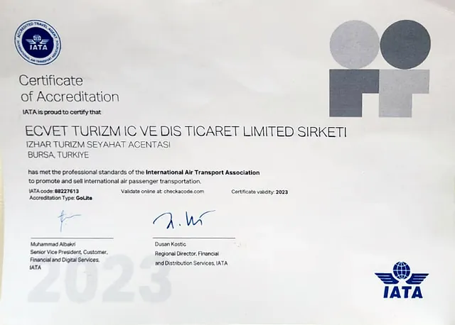 IATA Akreditasyon Sertifikası — Uluslararası Hava Taşımacılığı Birliği (IATA), iata kodu 88227613