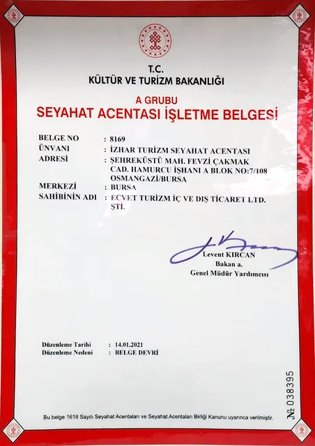A Grubu Seyahat Acentası İşletme Belgesi — T.C. Kültür ve Turizm Bakanlığı, belge no 8169